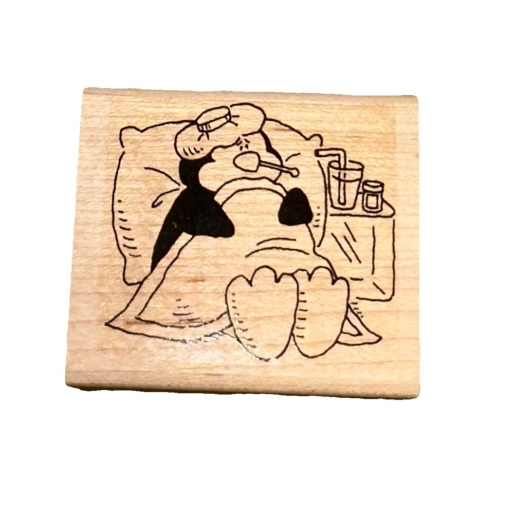 Vintage 90's Sick Penguin In Bed Get Well Soon Wood‎ Mounted Rubber Stamp Art